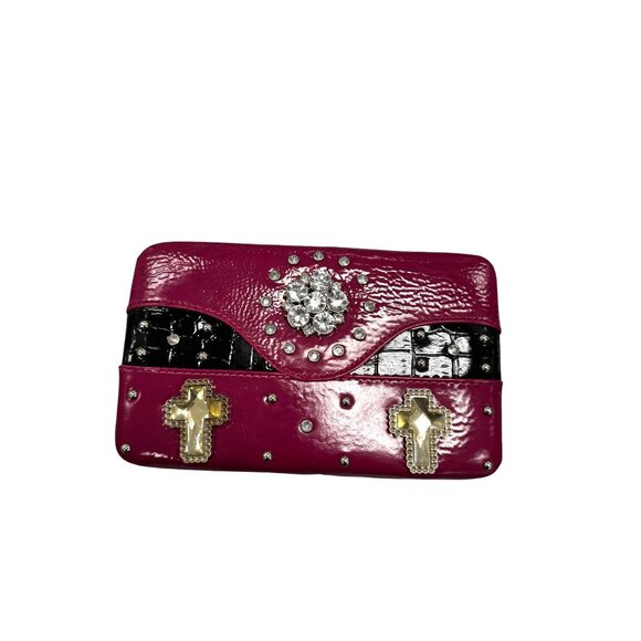 Western Bling Cross Wallet With Zebra Print Interior & Card Slots Fuchsia & Blac - Picture 1 of 7
